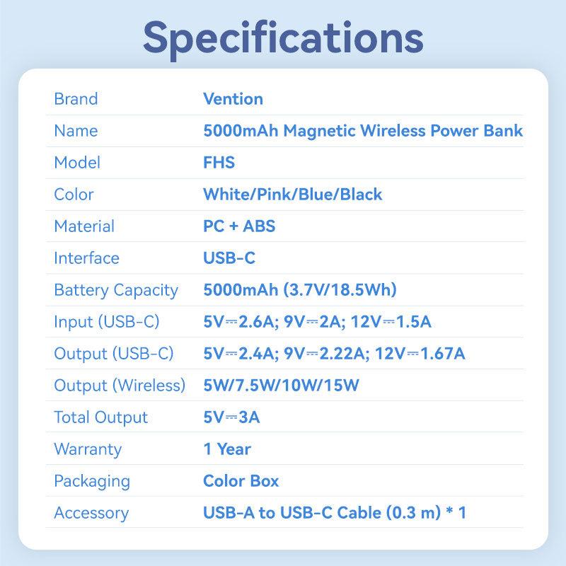 POWER BANK WRL 5000MAH 20W/MAGNETIC BLACK FHSB0 VENTION 11